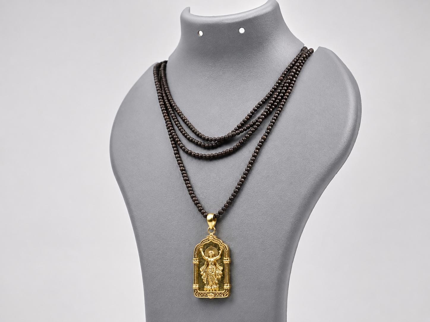Panchaloha Chaitanya Mahaprabhu Pendant, 3-Round Black Tulsi Mala Necklace