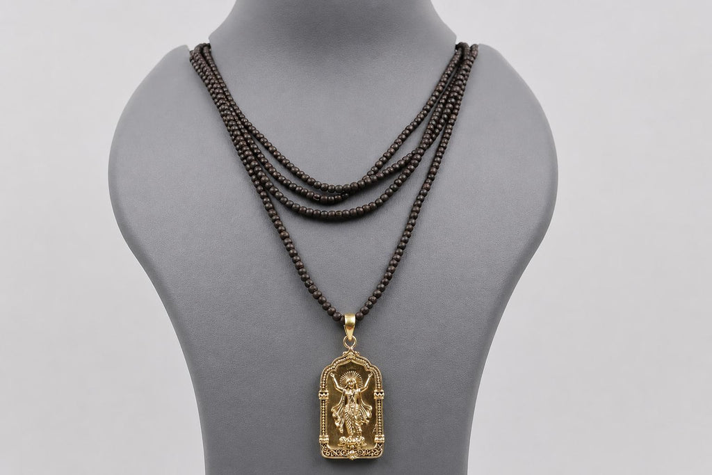 Panchaloha Chaitanya Mahaprabhu Pendant, 3-Round Black Tulsi Mala Necklace