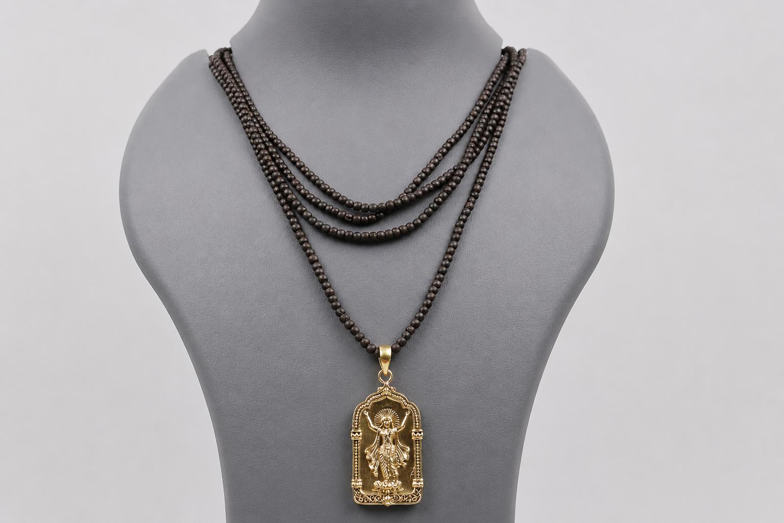Panchaloha Chaitanya Mahaprabhu Pendant, 3-Round Black Tulsi Mala Necklace