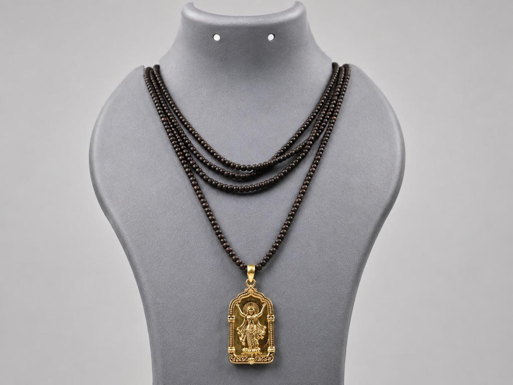 Panchaloha Chaitanya Mahaprabhu Pendant, 3-Round Black Tulsi Mala Necklace