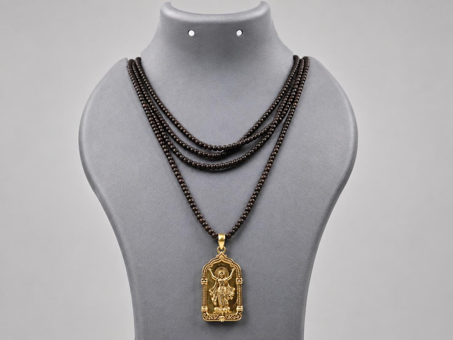 Panchaloha Chaitanya Mahaprabhu Pendant, 3-Round Black Tulsi Mala Necklace