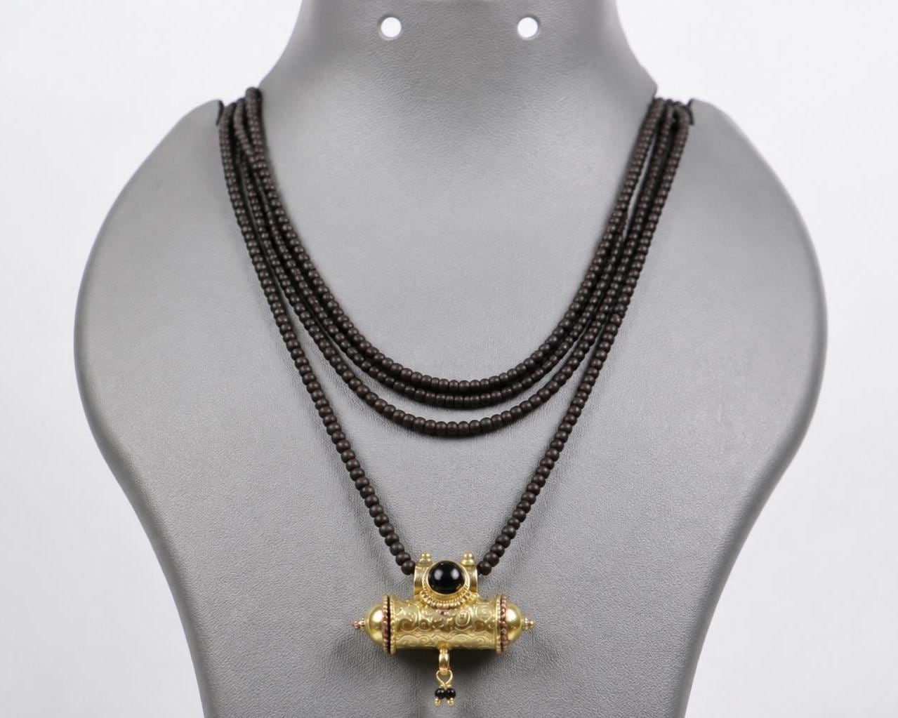 3-Round Black Tulsi Mala with Panchaloha Narsimha  Pendant