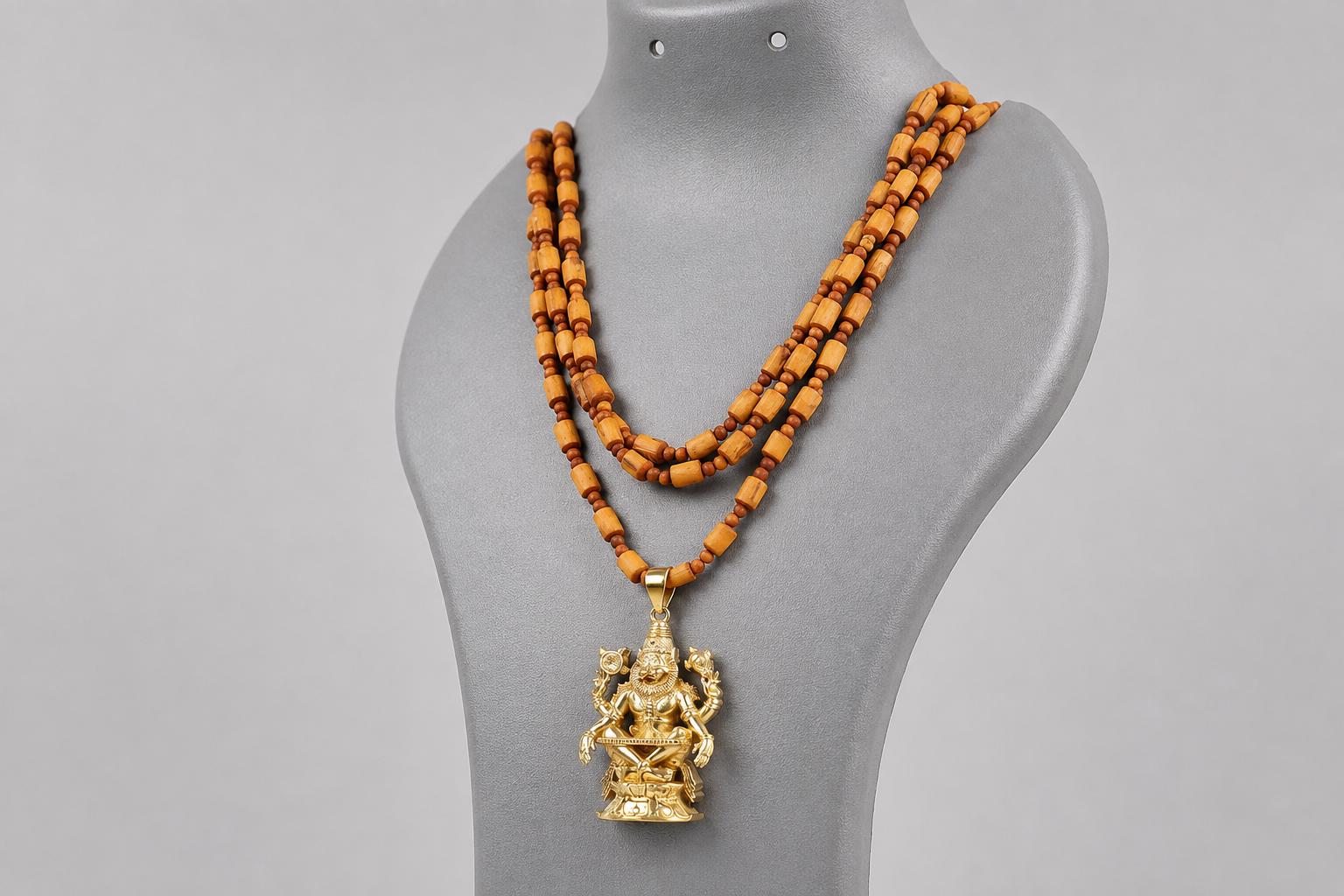 Sri Narsimha Panchaloha Pendant Necklace with 3-Round Tulsi Mala - Spiritual  Jewelry