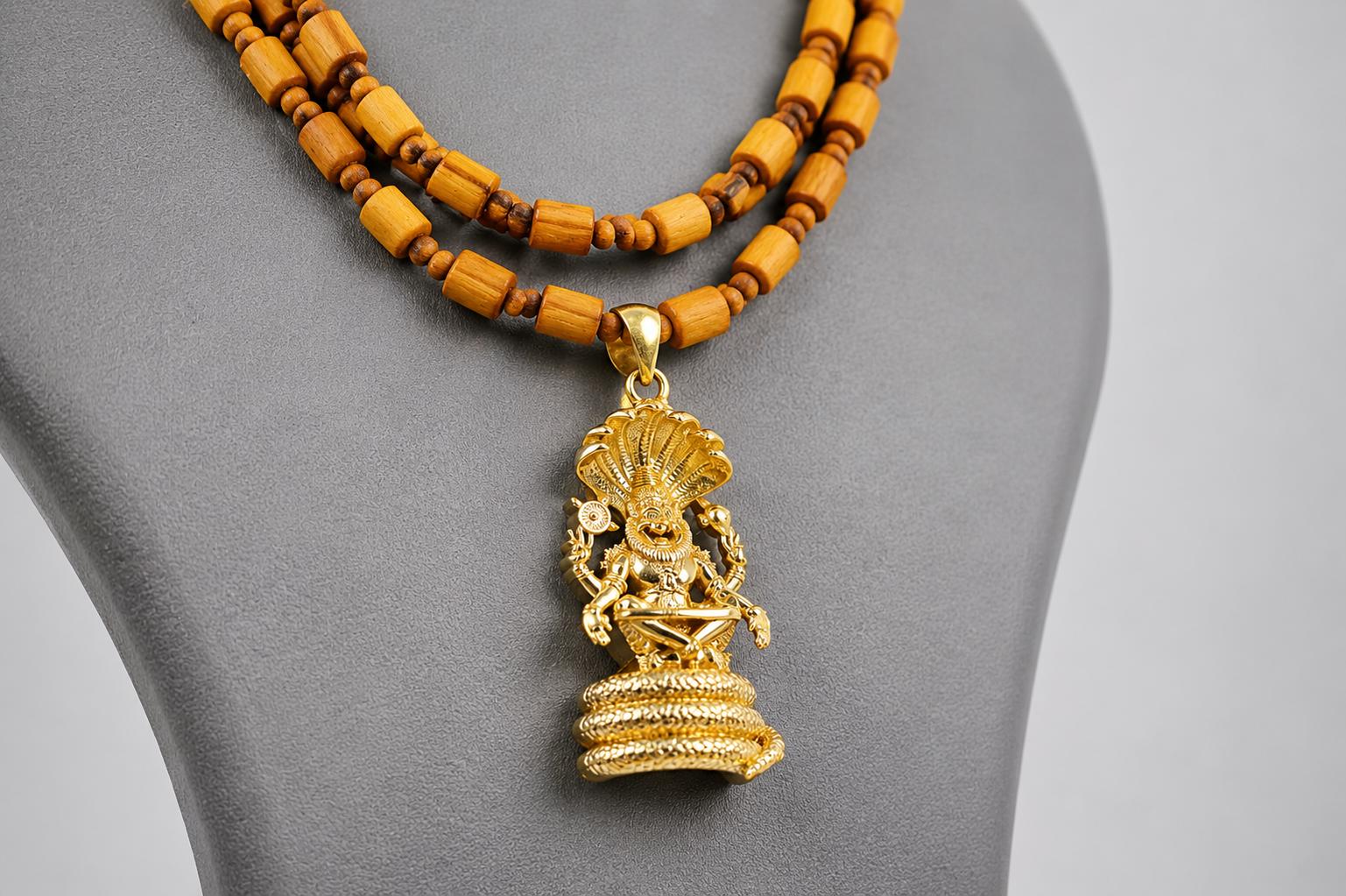3-Round Tulsi Mala with Panchaloha Narsimha Pendant Necklace – Hindu Spiritual Jewelry