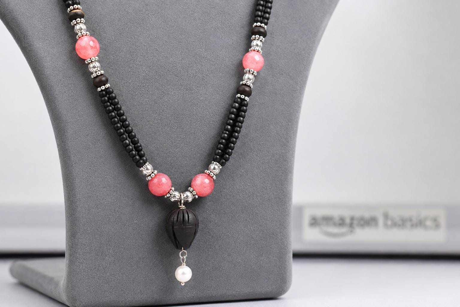 3 Strand Tulsi Mala Necklace with Pearls, Pink Gemstone, 20 Inch Sacred Wood Jewelry