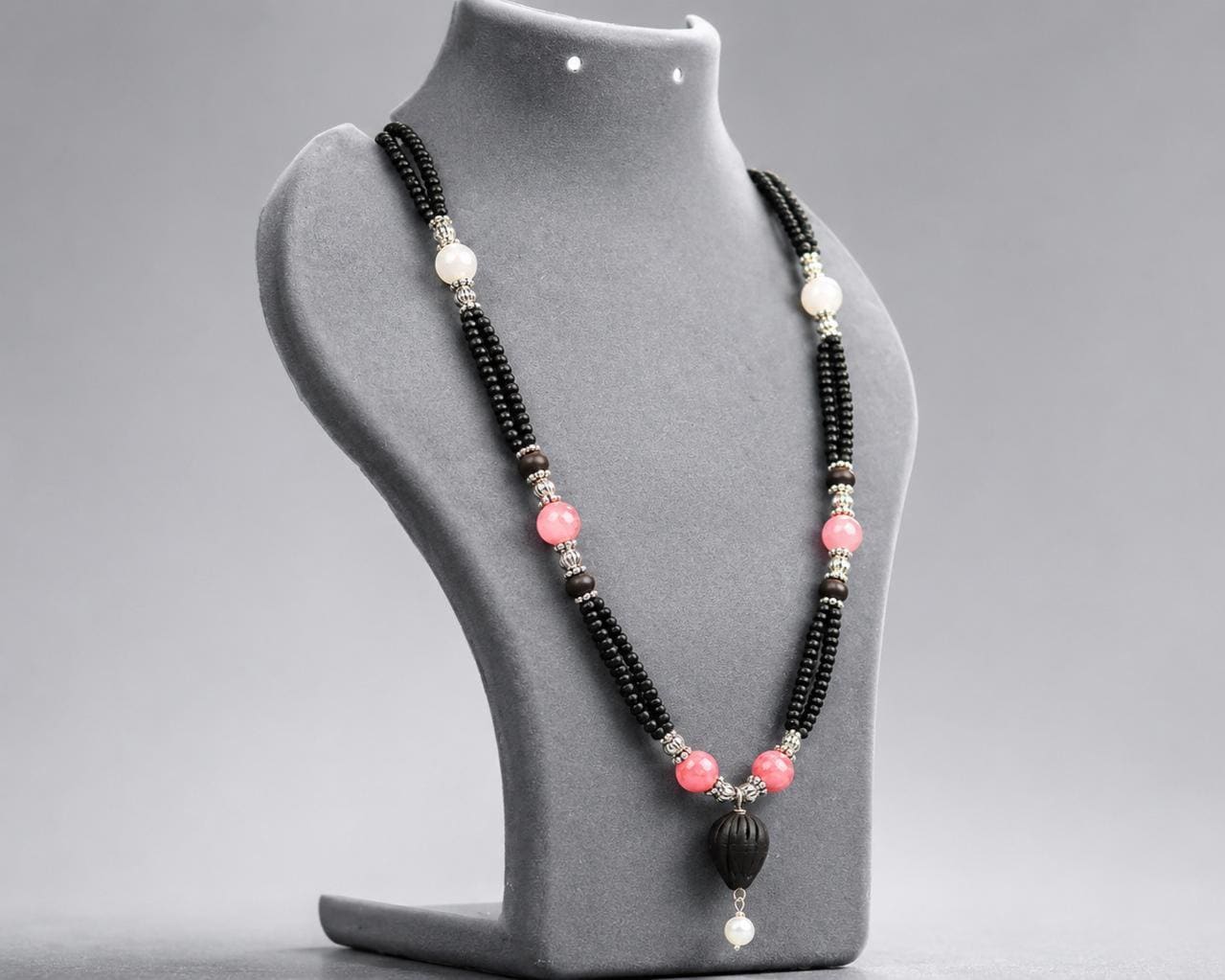 3 Strand Tulsi Mala Necklace with Pearls, Pink Gemstone, 20 Inch Sacred Wood Jewelry