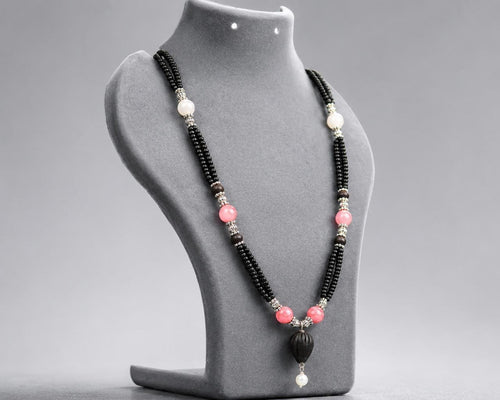 3 Strand Tulsi Mala Necklace with Pearls, Pink Gemstone, 20 Inch Sacred Wood Jewelry