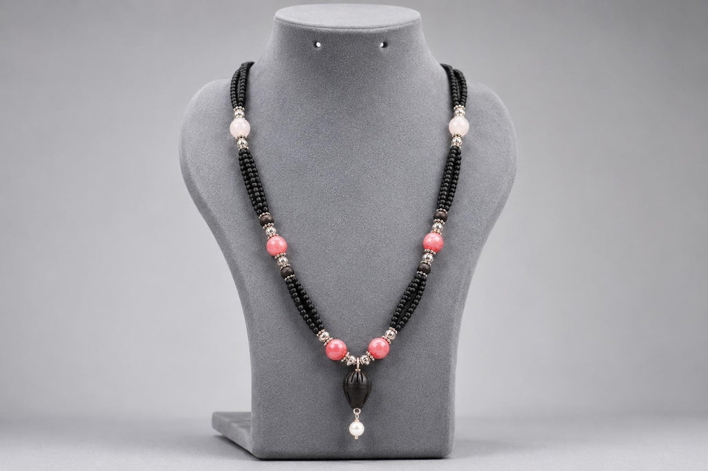 3 Strand Tulsi Mala Necklace with Pearls, Pink Gemstone, 20 Inch Sacred Wood Jewelry