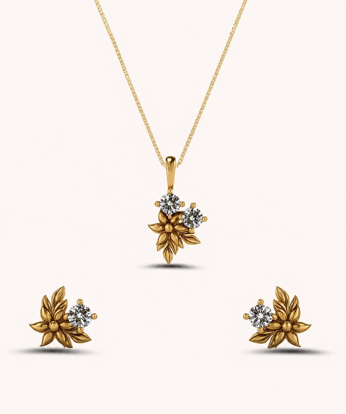 Elegant Floral Necklace & Stud Earrings Set – Handmade Jewelry with Diamond Zirconia Italian Alloy Metal