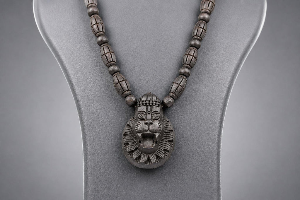 Hand Carved Tulsi Wood Narasimha Mala Necklace - Protection Pendant Jewelry - Spiritual Gift