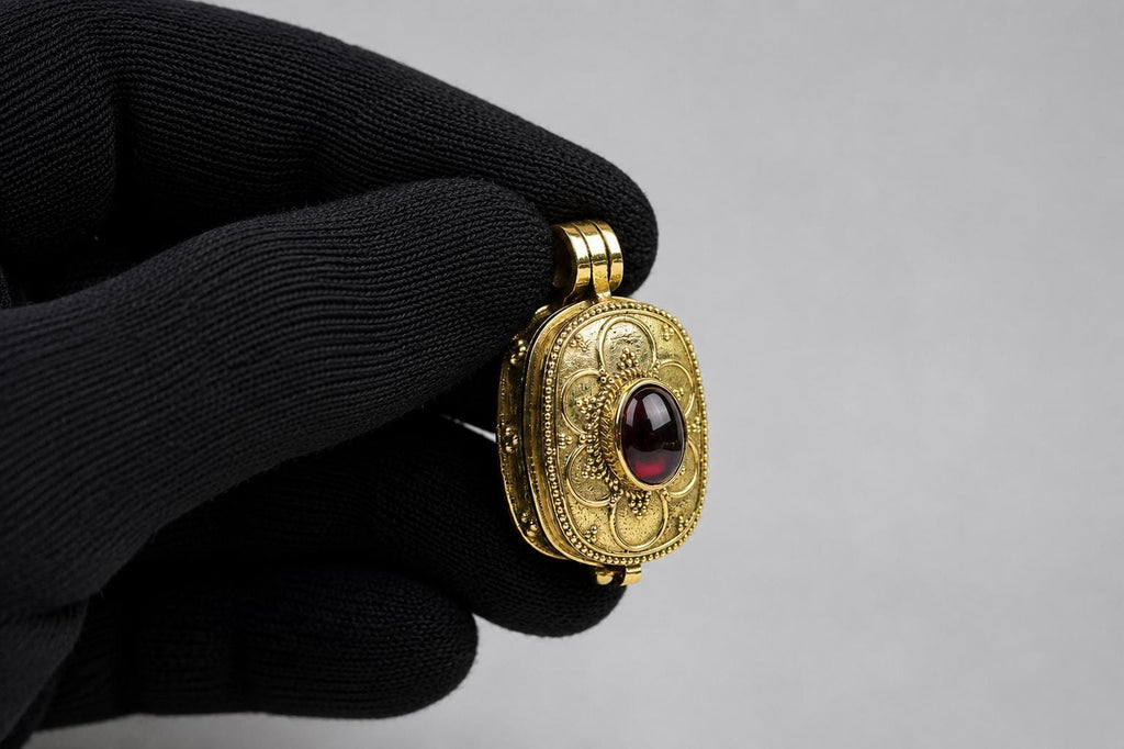 Panchaloha Pendant Red Stone, Sri Narasimha Protection Locket, Antique Floral Indian Jewelry