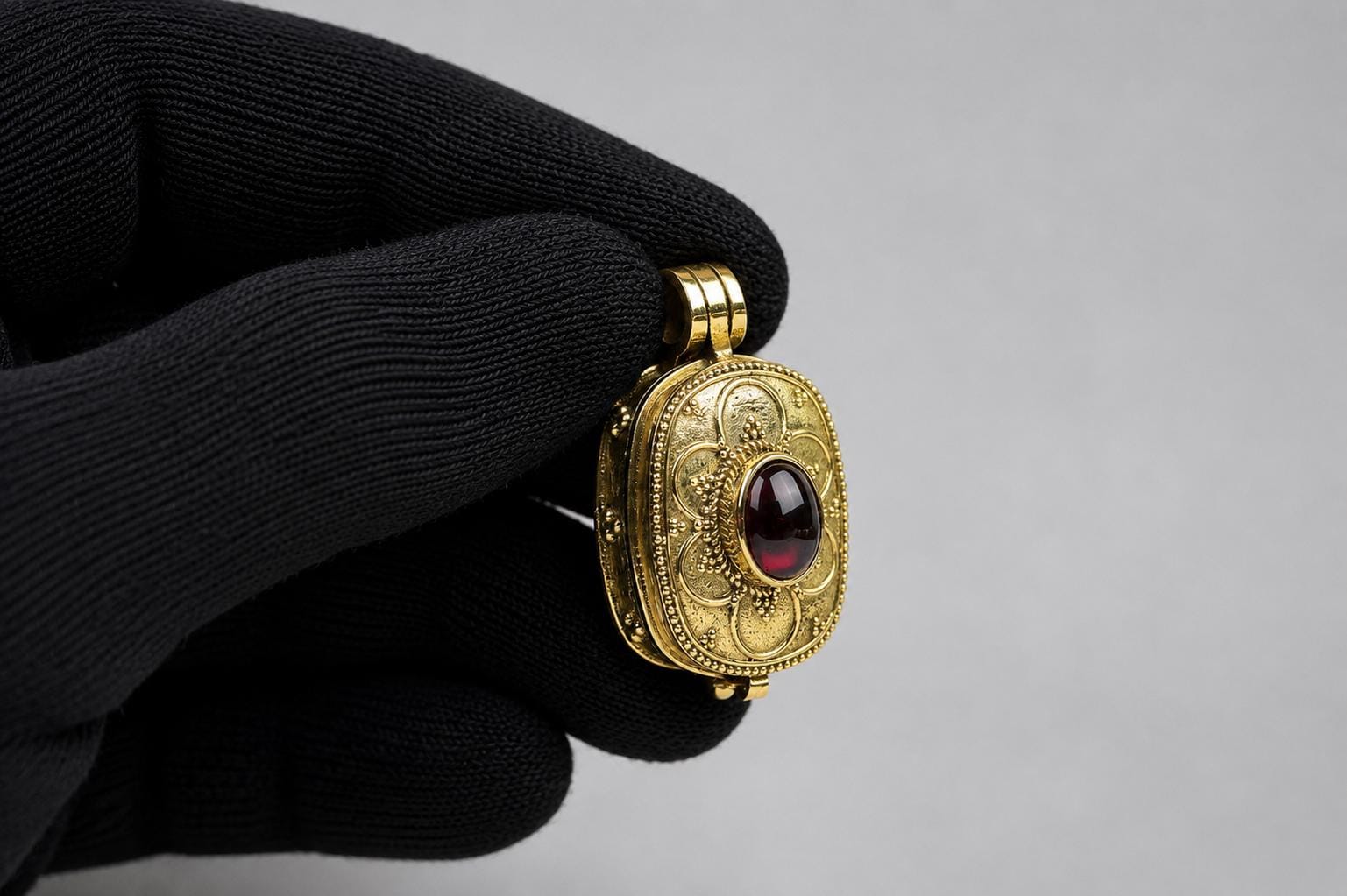 Panchaloha Pendant Red Stone, Sri Narasimha Protection Locket, Antique Floral Indian Jewelry