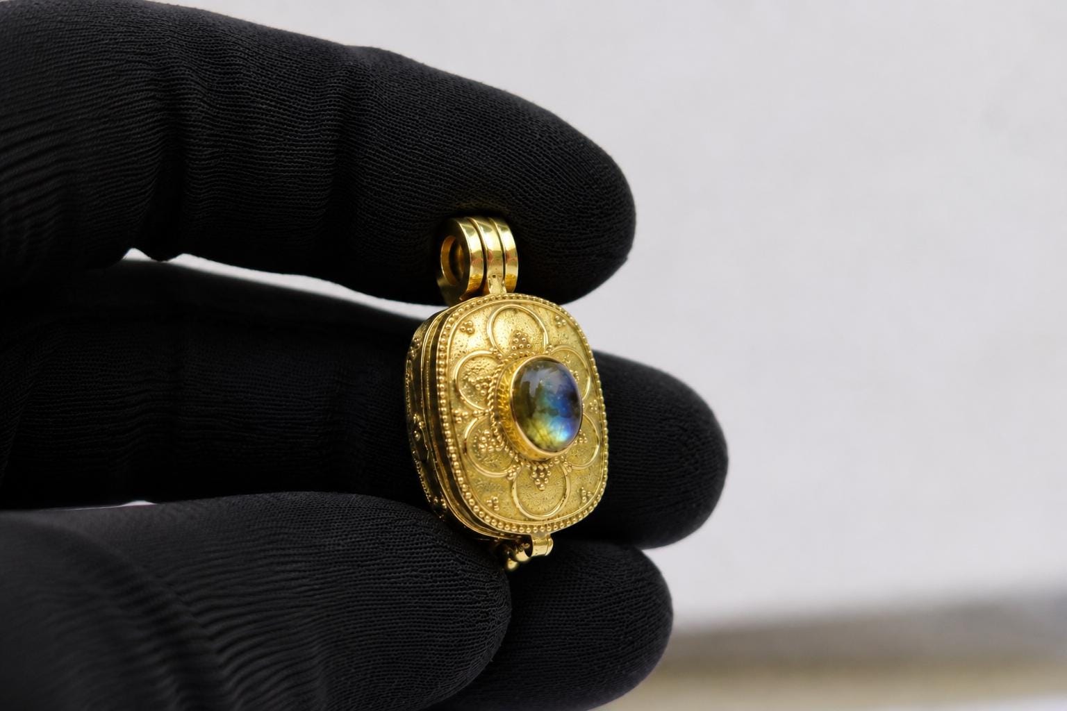 Panchaloha Pendant With Blue Stone, Sri Narasimha Protection Locket, Antique Floral Indian Jewelry