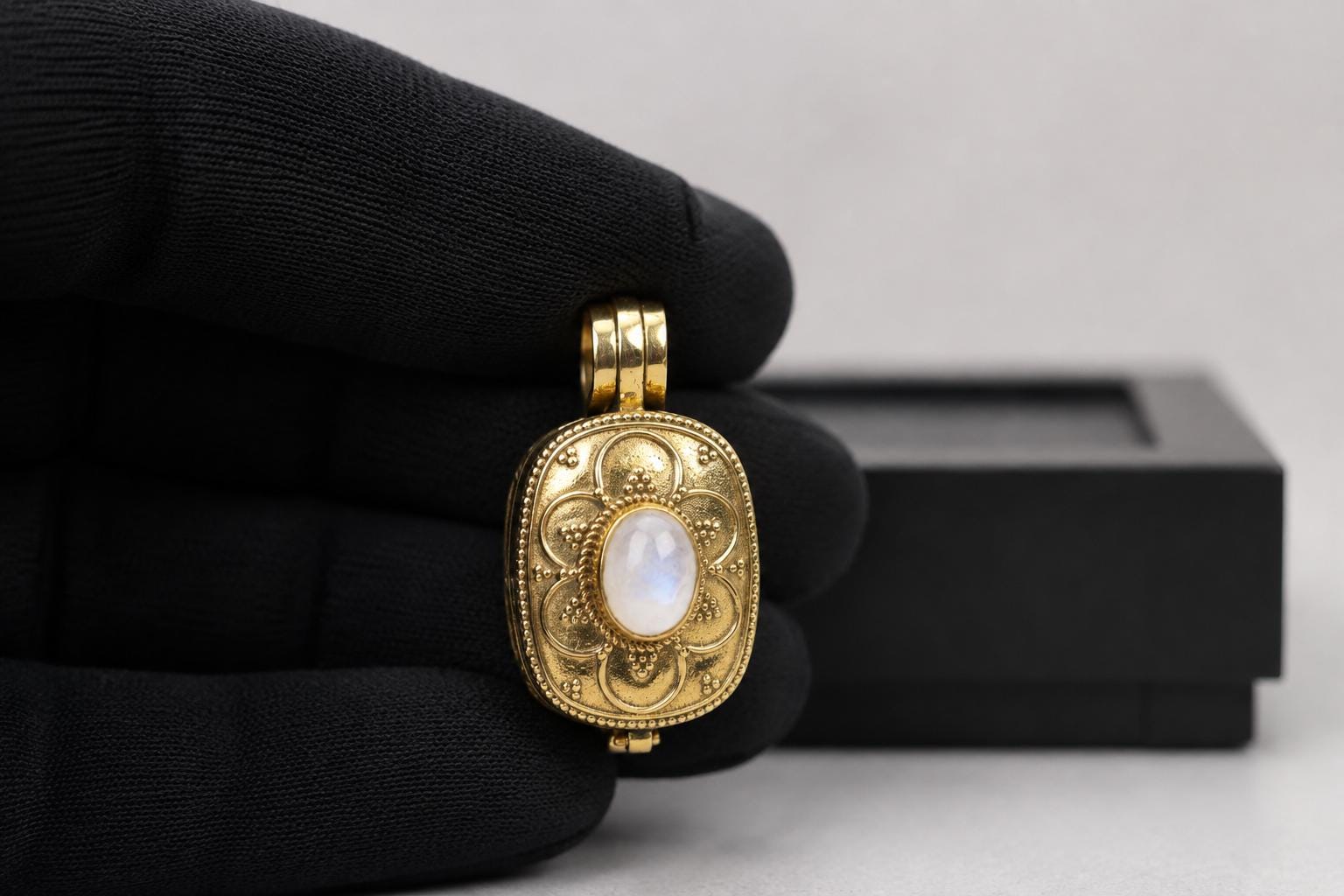 Panchaloha Pendant With moon Stone, Sri Narasimha Protection Locket, Antique Floral Indian Jewelry