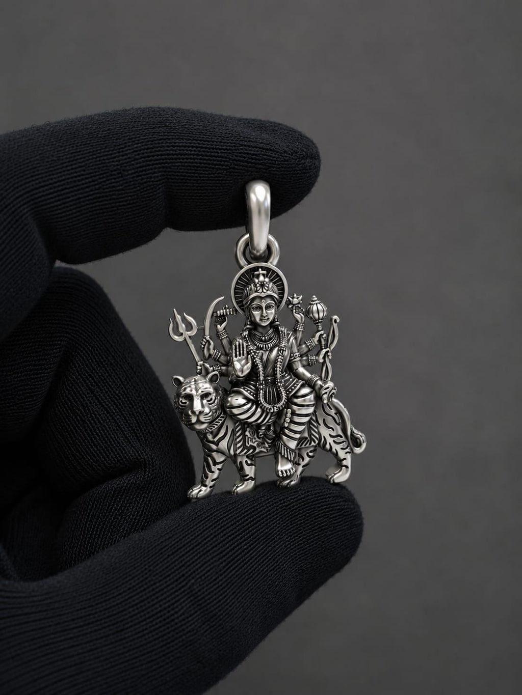 925 Pure Sterling Silver Durga Maa Pendant | Tiger Goddess Spiritual Amulet (25mm)