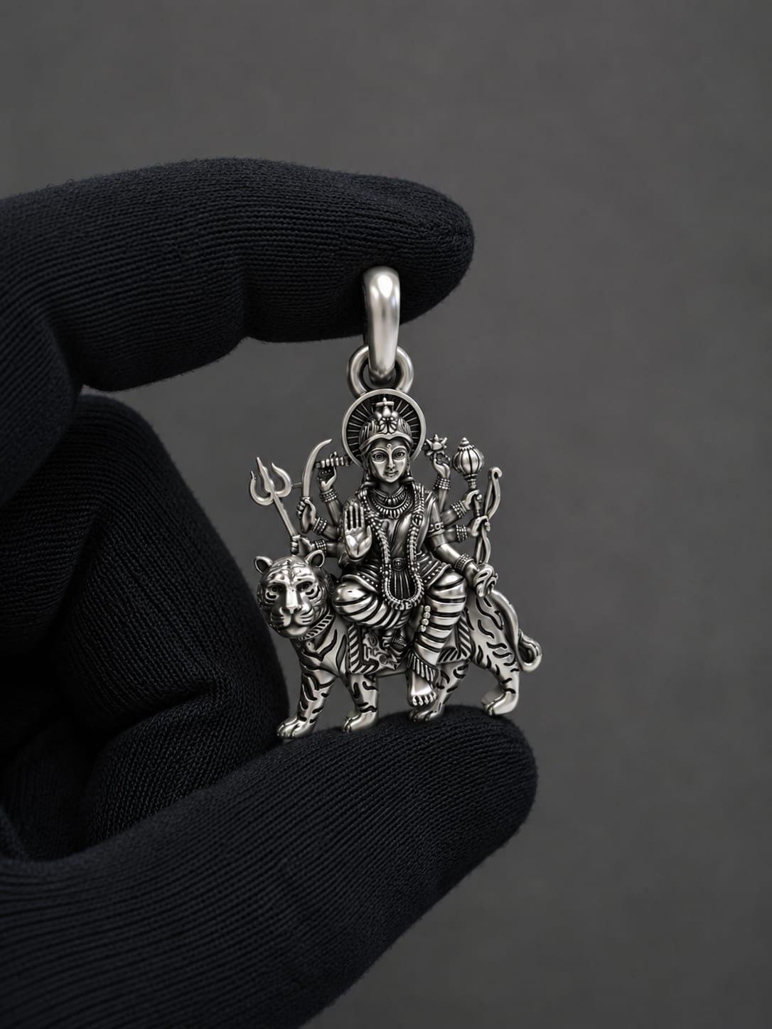 925 Pure Sterling Silver Durga Maa Pendant | Tiger Goddess Spiritual Amulet (25mm)