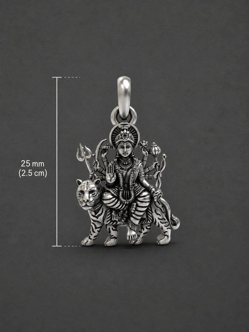 925 Pure Sterling Silver Durga Maa Pendant | Tiger Goddess Spiritual Amulet (25mm)