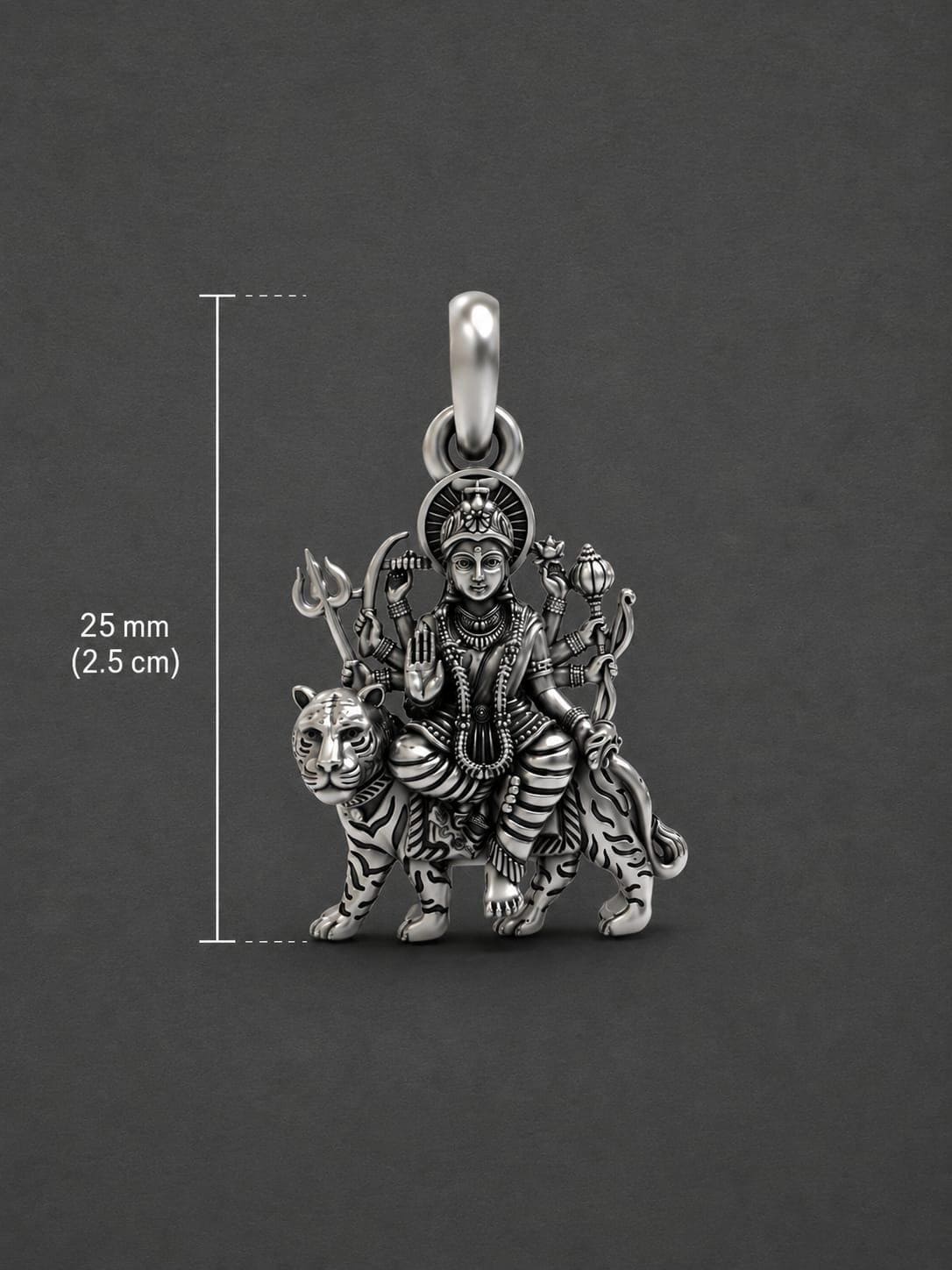 925 Pure Sterling Silver Durga Maa Pendant | Tiger Goddess Spiritual Amulet (25mm)