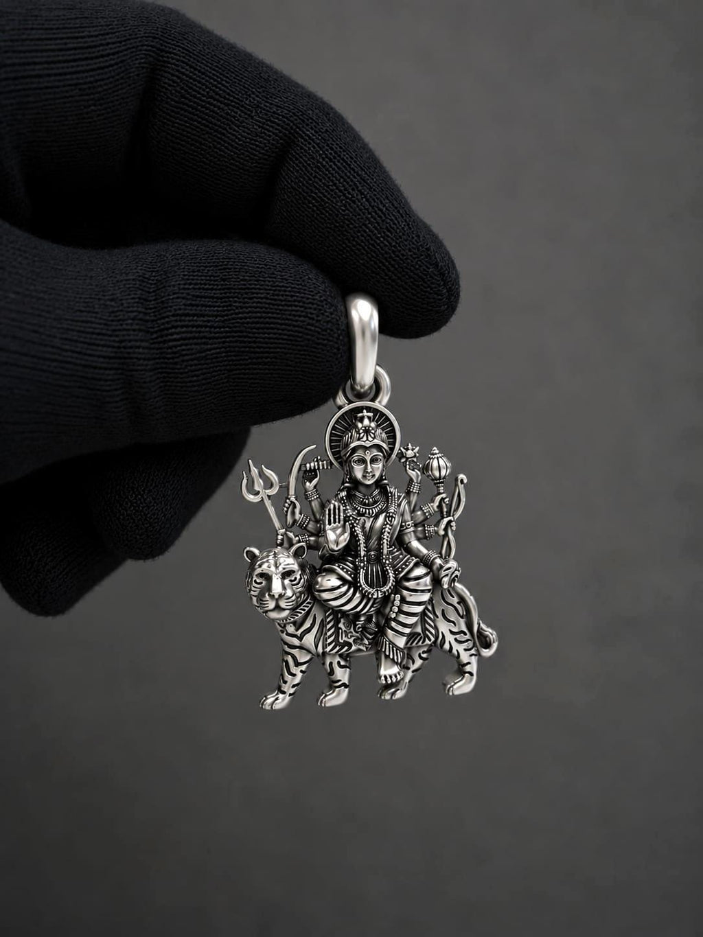 925 Pure Sterling Silver Durga Maa Pendant | Tiger Goddess Spiritual Amulet (25mm)