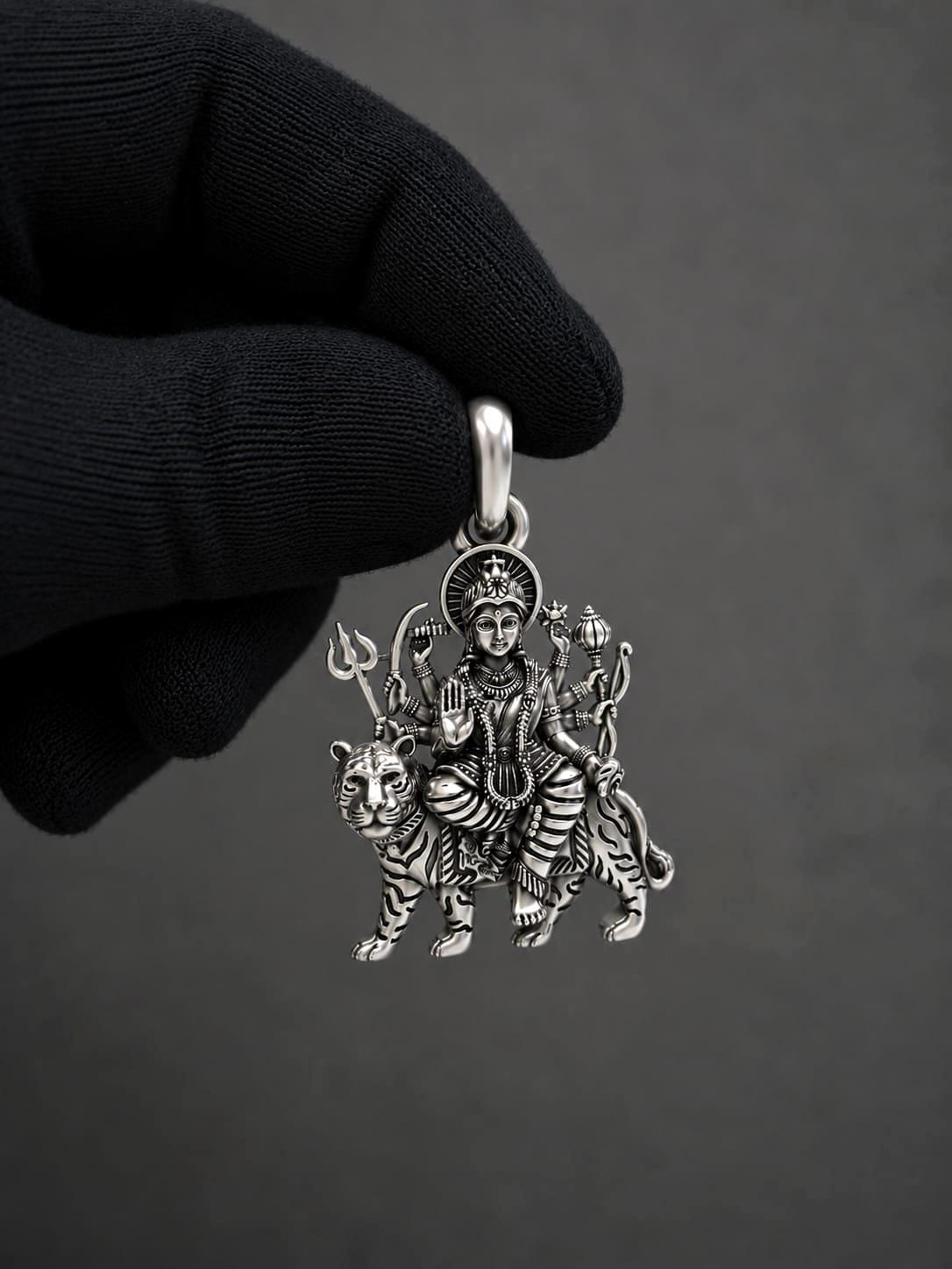 925 Pure Sterling Silver Durga Maa Pendant | Tiger Goddess Spiritual Amulet (25mm)