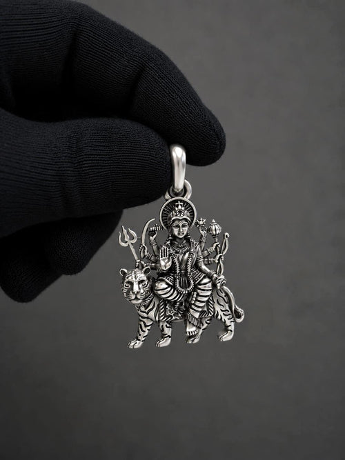 925 Pure Sterling Silver Durga Maa Pendant | Tiger Goddess Spiritual Amulet (25mm)