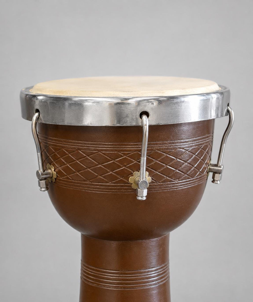 Handmade 20 Inch Djembe Drum, Indian Percussion Instrument, Wooden Body, Single Head, Shoulder Strap - Folk Art